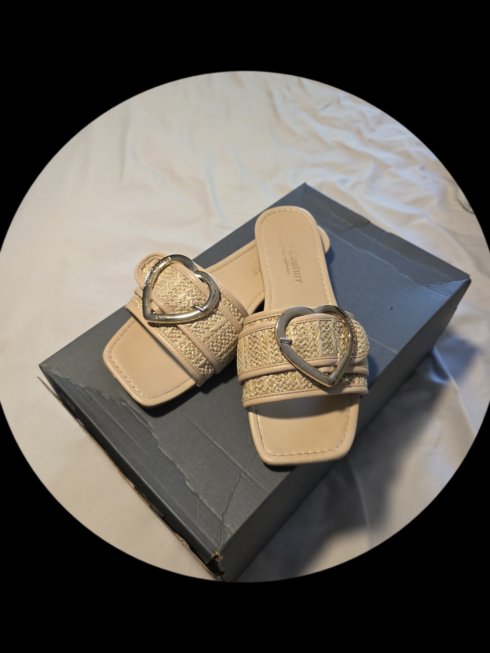 JUICY COUTURE Beige Heart-Buckle Straw Slide Sandals - Women